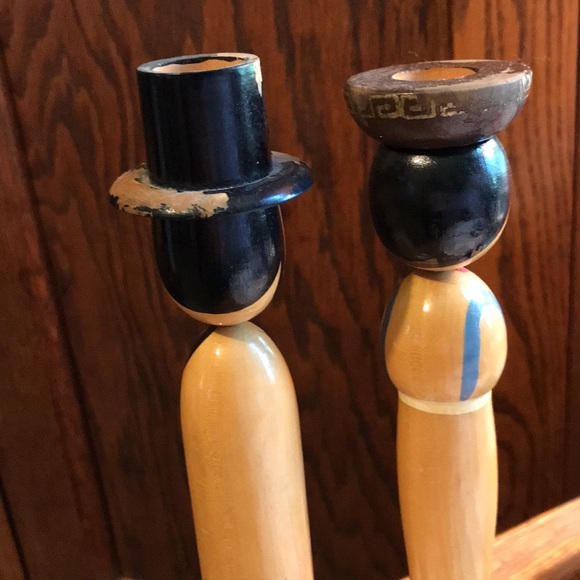 Vintage Kokeshi Wooden Candle Holders Pair Japan - Picture 4 of 8